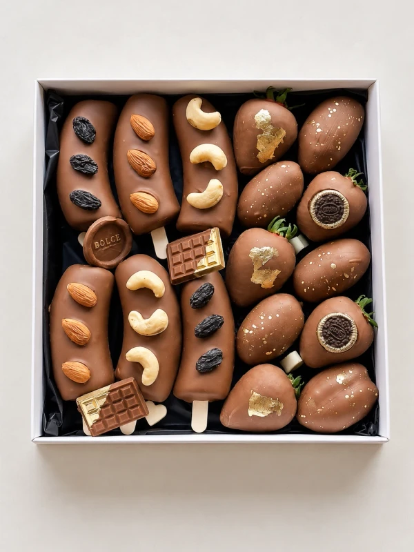 Фруктовый бокс «Ассорти» — «Фруктовый бокс Ассорти» — фруктовый набор Dolce Sweets из 5 ягод клубники в молочном шоколаде, 6 бананов в…